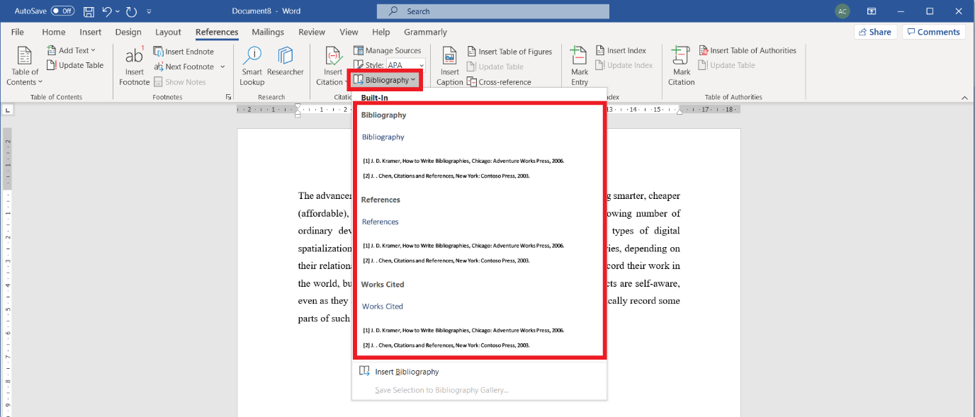 Microsoft Word Reference Tab Bibliography Listing